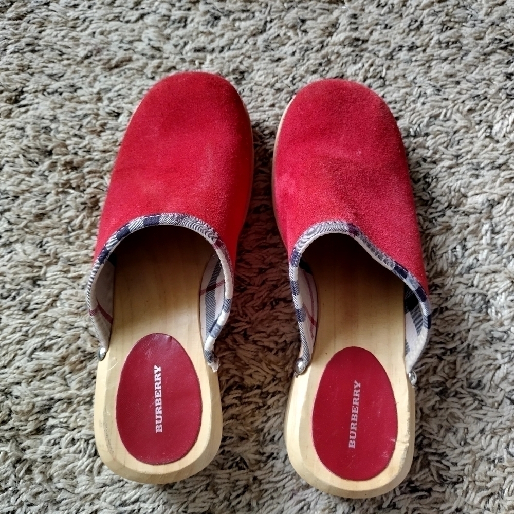 Burberry Authentic Red Suede Leather Wooden Clogs Mules Slip On sz 38/7,5 - Picture 7 of 9